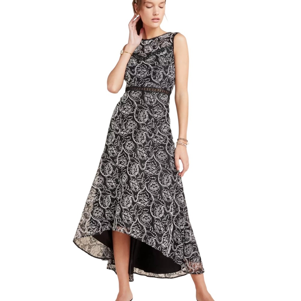 ML Monique Lhuillier Petra Lace Midi Dress Size 16 Black White Floral Lace Trim